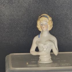 VTG 3" half doll / pincushion doll, Blonde girl with blue ribbon in her hair. 