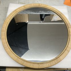 24.4"×24.4" Handmade Rattan Framed Wall Mirror, Rustic Farmhouse Style Decorative Mirror