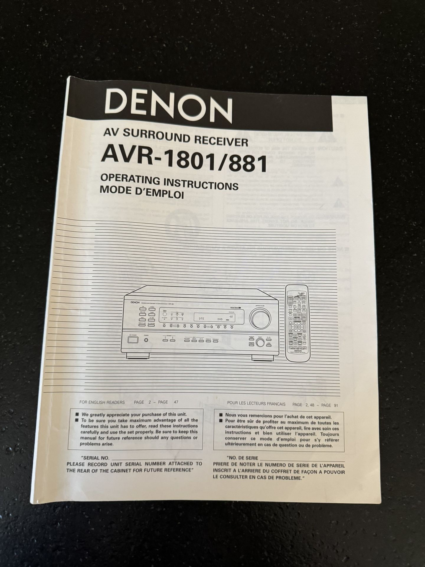 Denon AVR-1801 881 AV Receiver Original Owners Manual