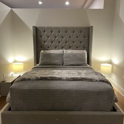 Queen Upholstered Bed – Like New + Free Mattress & Box Spring
