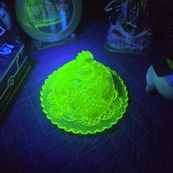 Green Uranium Glass Butter Dish by Mosser