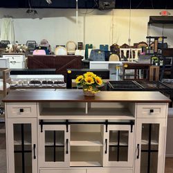 TV Table,Entertainment Center with Open Storage,TV Console,Media Console for Living Room and Bedroom,Sliding Doors(White)💰189$