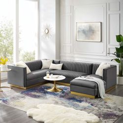 Grey Velvet Sectional Sofa Set