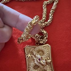 18K Dragon Gold Chain + Dragon Pendant Ruby Eye ( 125 Grams ) Bling Affect 