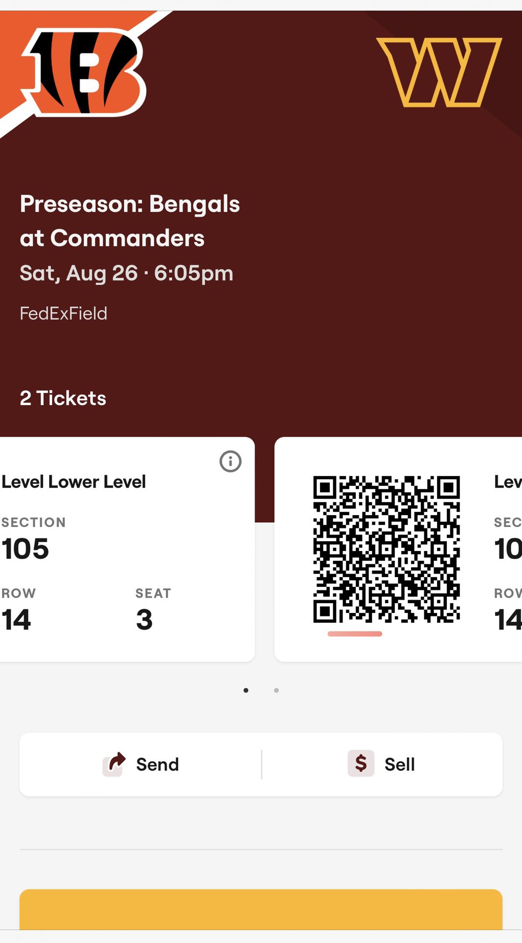 100 Level Commanders Vs Bengals Tickets!!!!
