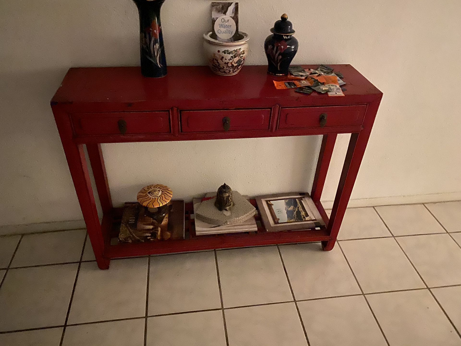 Distressed Red Elmwood Chinese Ming Console Table with 3 Drawers