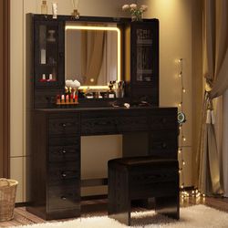 Vanity Desk with LED Lights Mirror and Charging Station, Makeup Vanity Table with Jewelry Armoire, Storage Bench, and 11 Drawers,Black