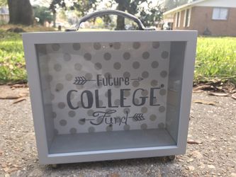 Gray Money box monogrammed as Future college fund