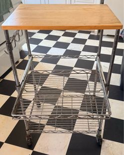 Stainless Rolling Kitchen Microwave Cart with Wood Top
