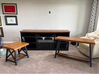 3 Pieces TV Counsel Sofa Table and Side Table Black with Wood Top Metal Legs