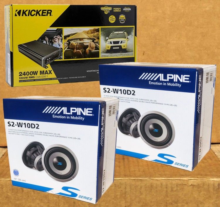 Kicker CXA Power Amplifier Bass System Amp Alpine S Series Subwoofers 10" Dual Voice Coil 3600 Watts S2-W10D2 Package 🚨 Payment Options Available 🚨