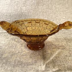 Vintage Amber Handformed Glass Twisted-Handles Basket-Weave Candy/Trinket Dish