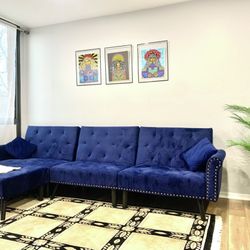 Modern Navy Blue Sectional Sofa Futon