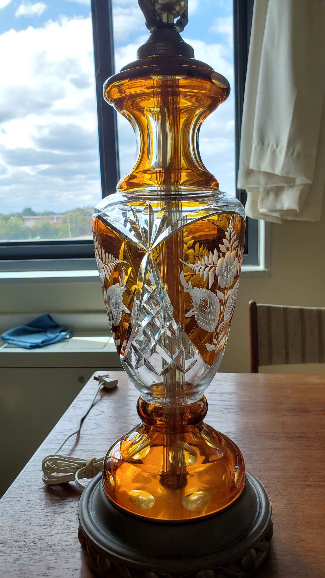 Vintage amber cut to clear table lamp Czechoslovakia Bohemia Bohemian crystal glass