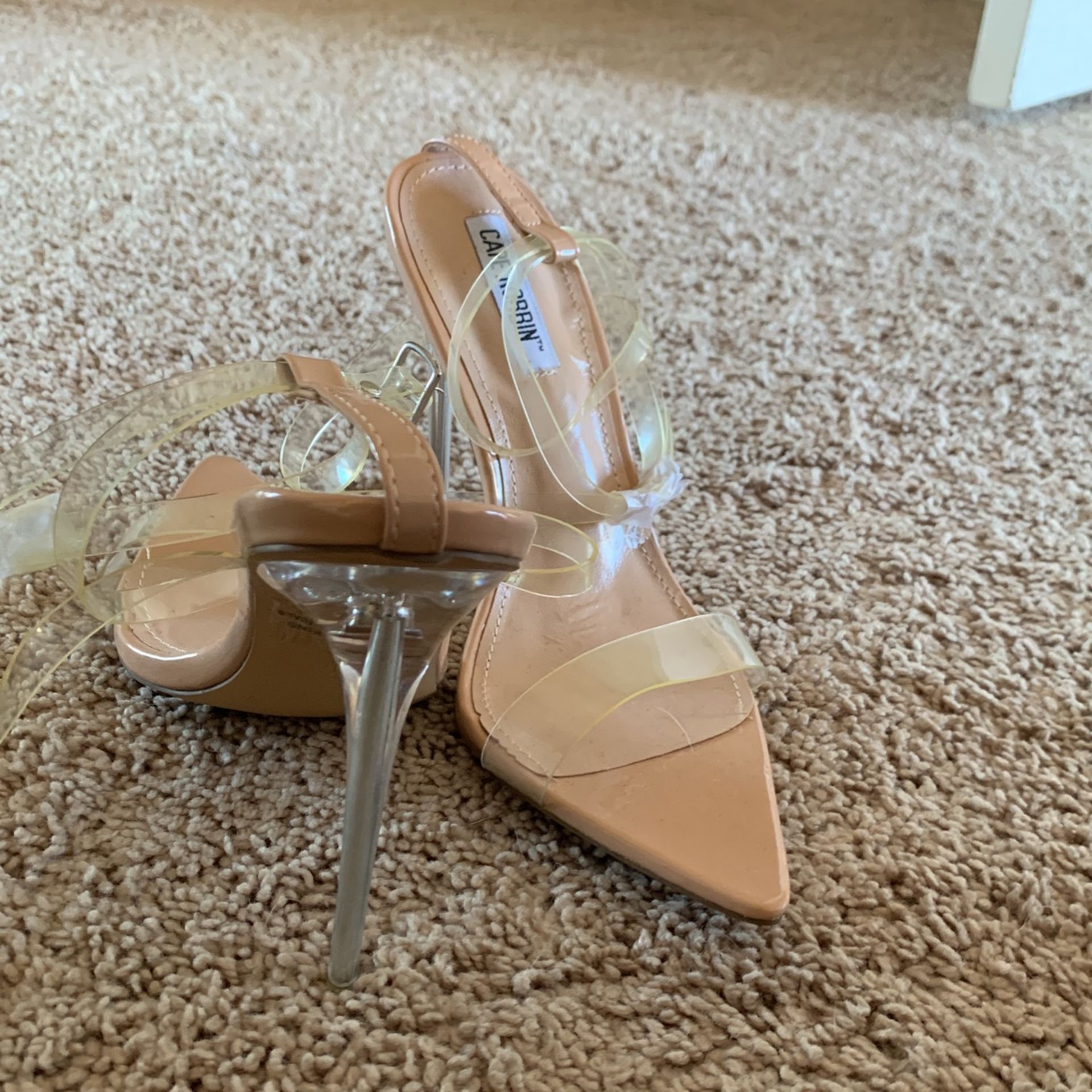 Pointy toe clear strap heels