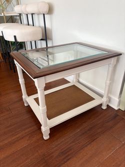 Cane End Table / Nightstand — Ivory, Glass Top, Coastal Boho — Refinished