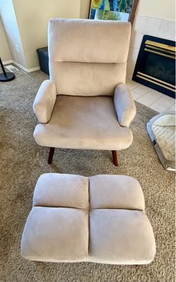 Beige Velvet Reclining Accent Chair with Matching Ottoman