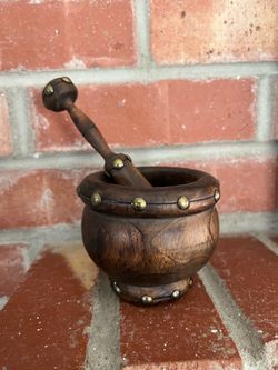 Vintage Mid-Century Wooden Mortar & Pestle Studded Folk Art • $325 OBO