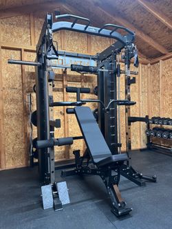 Smith Machine, Pulley System, Power Rack, Rubber Weights, Dumbbells