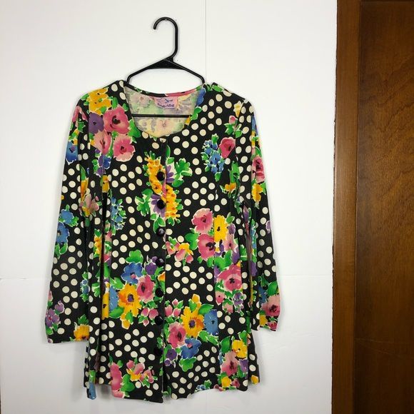 Vintage Polka Dot Floral Button Down Blouse Sz L