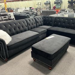 New Reversible Tufted Sectional.  Black Or Blue Velvet.  100” X 123”.  Free Delivery !