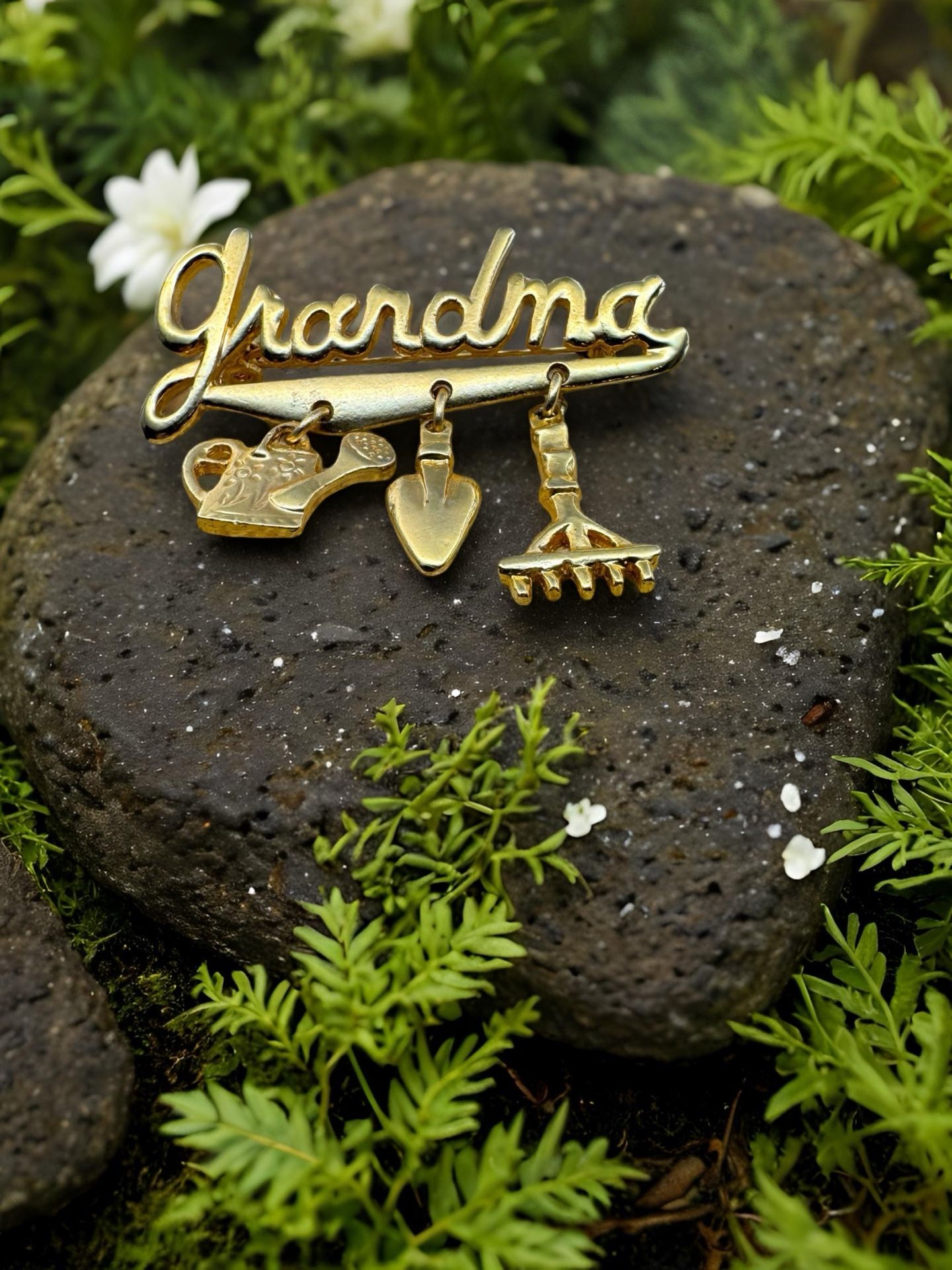 The Grandma Goldtone Garden Charm Brooch Shovel ,Water Jug, & Rake 2 1/8 Inches