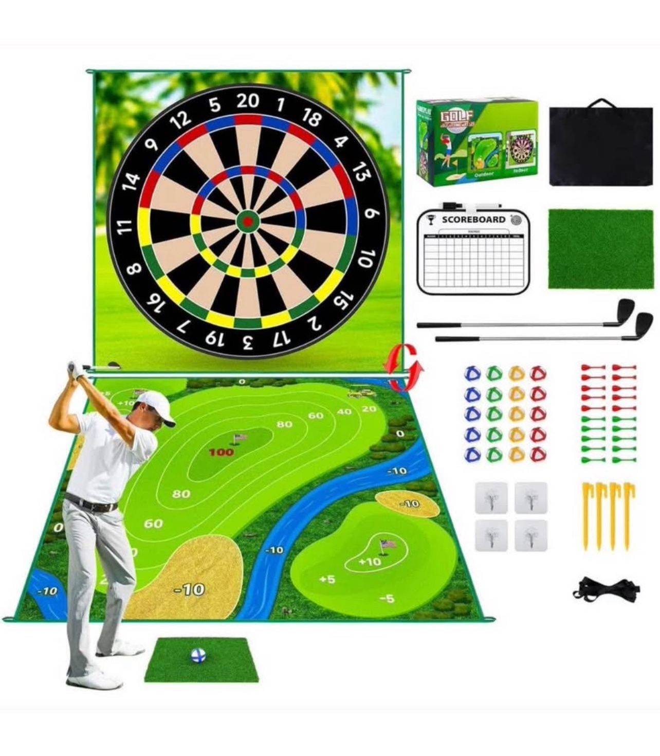 Brandnew 70"x70" Double Sided Golf Chipping Game Golf Hitting Mat | Golf Practice Mat Kits with 2pcs Golf Clubs & 20pcs Sticky Balls & 20pcs Sticky Da