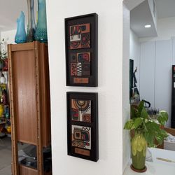 Set of two Vintage paintings with abstract and geometric figures with ceramics on wood