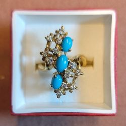 Ladies 14K Solid Yellow Gold Custom Turquoise and Genuine Diamond Cocktail / Waterfall Ring