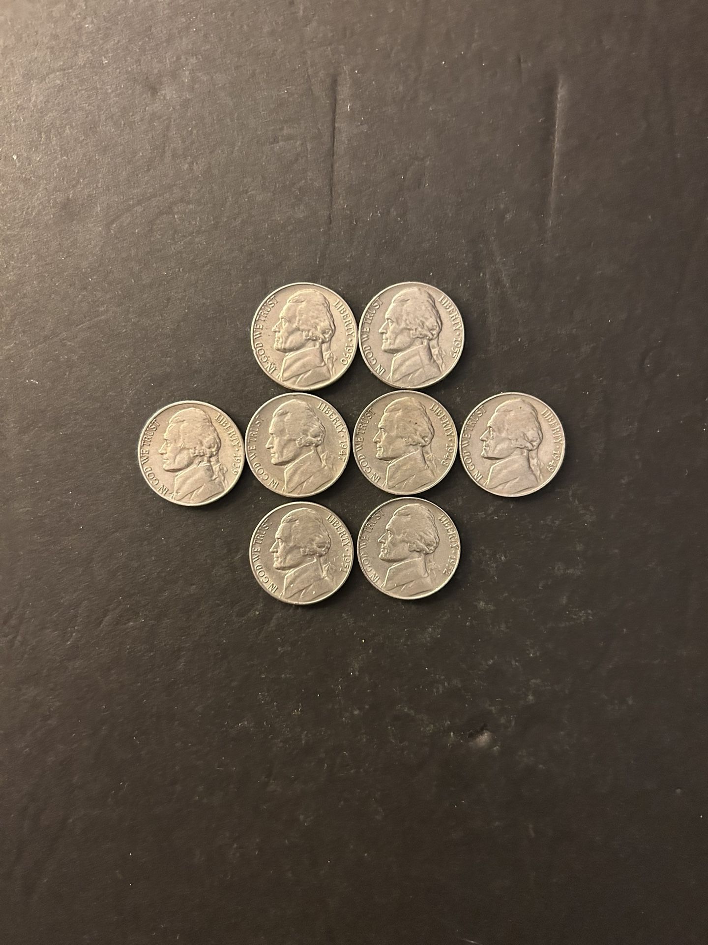 Coins – Jefferson Nickels – all Low Mintage - San Francisco mint – 1939/47S/48S/49S/51S/52 and Philadelphia mint – 1950P,1955P - Total 8 Coins $31