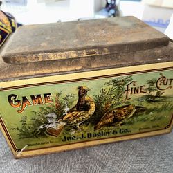 Bagley Game Fine Cut Tobacco Tin  Store Bin John Bagley Detroit MI Ruffed Grouse