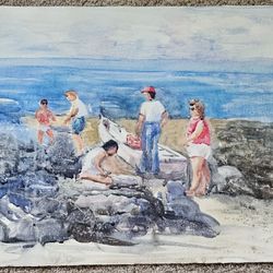 Unframed Family On Beach Watercolor Painting 