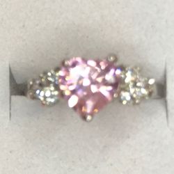 Pretty Silver Tone Ring With Pink Heart Center Stone & Clear Stone Accents
