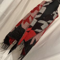 Express Red Dark Blue Fringe Scarf Wrap Shawl Geometric Pattern 