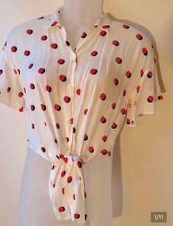 Lush White Polka Dot Tie Front Button-Up Blouse Size Small
