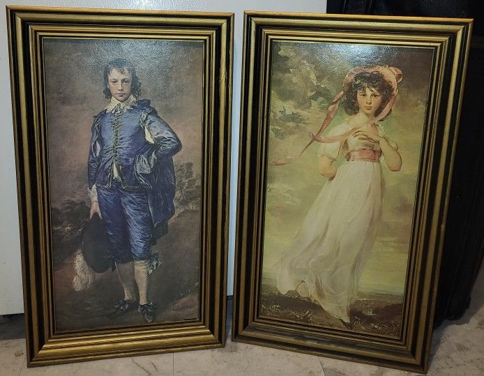 Vintage Prints SET The Blue Boy And Pinky By Thomas Gainsborough 28 × 16 Wood Framed ART 70's Museum