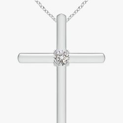 Round Diamond Solitaire Cross Necklace, 14K White Gold, Diamond Pendant, 2.3mm