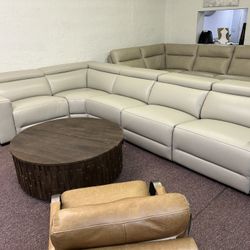 Furniture- 5 Pc 100% Real Top Grain Leather Sectional With 3 Power Recliners- Nevio