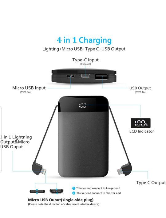 Portable Charger Built in Two Cables Mini Power Bank Outdoors 9000mAh

