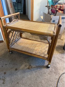 Vintage Bamboo & Rattan Bar Cart Set w/ Removable Tray + Matching Shelves