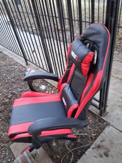 Game chair, description, black and red, black and red. Black and red