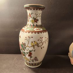 Chinese Famille Rose Porcelain Vase Birds Flowers Qianlong Seal Mark 14" VTG Jar