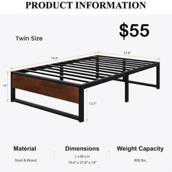 14'' Twin Size Metal Platform Bed Frame with Rustic Wood & Reverse Holes/Ample Under-Bed Storage 