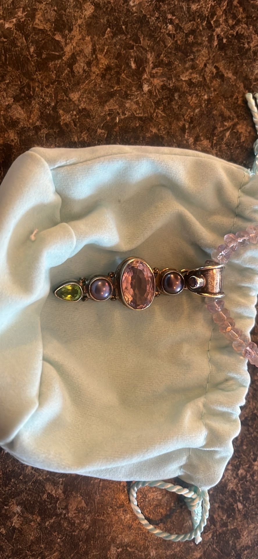 Sterling silver with pendant and purple Colored beaded necklace silver with purple and green colors in it