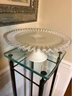 Vintage Fenton Silver Crest Milk Glass Ruffled Pedestal Cake Plate 13”D & 5”H