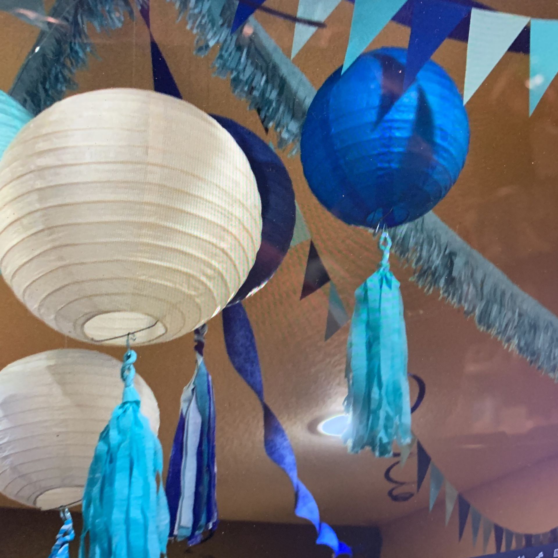 Blue aqua white party decor garlands