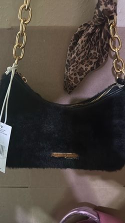 Brand new Black soft  furry purse with cheetah print ribbon on handle