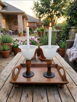 Vintage turned-wood candlesticks frosted glass bobeches legant flower silhouette