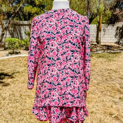 Vintage Silk Studio Button-Down Sz4 2-Pc Pink Circles L/S Top & Skirt Dress EUC