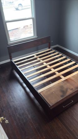 Queen Dark Wood Bed Frame with Storage Drawer